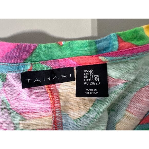 Tahari T Shirt Plus Size 3X Linen Tropical V Neck Short Sleeve Top Multi Boho - Picture 3 of 6